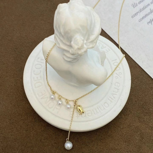 Pure Silver S925 Plated 18K Gold Color Pearl Lily of the Valley Necklace Sweet Cute New Chinese Style Pendant Lock Home