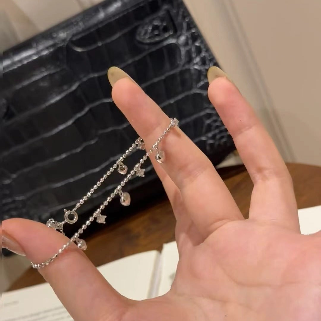 Pure Silver S925 Italian Vintage Brushed Light Luxury High-End Jewelry High Carbon Diamond Heart Bracelet Adjustable