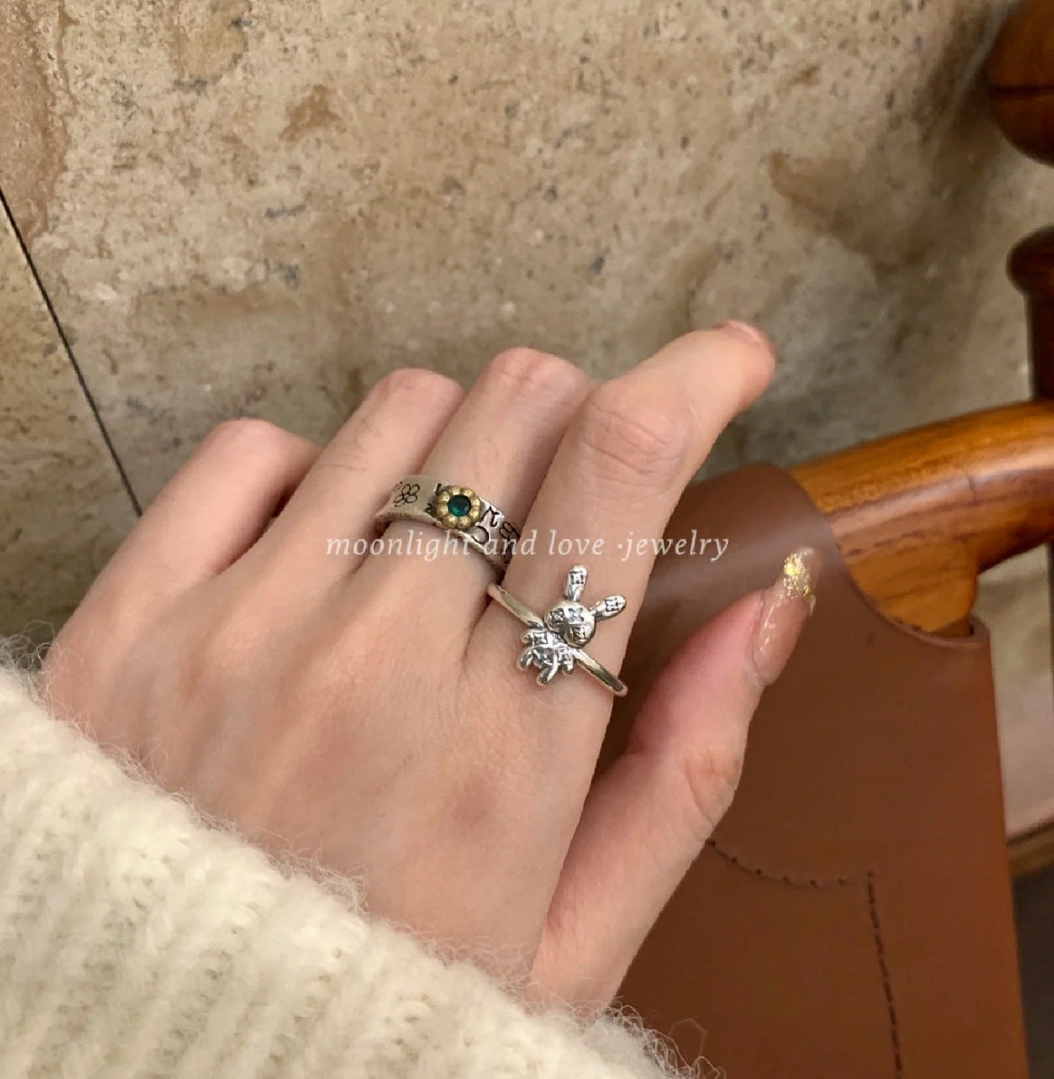 Sterling Silver S925 Vintage Old Flower Pattern Rabbit Ring Light Luxury Distressed Personality Open Index Finger Ring