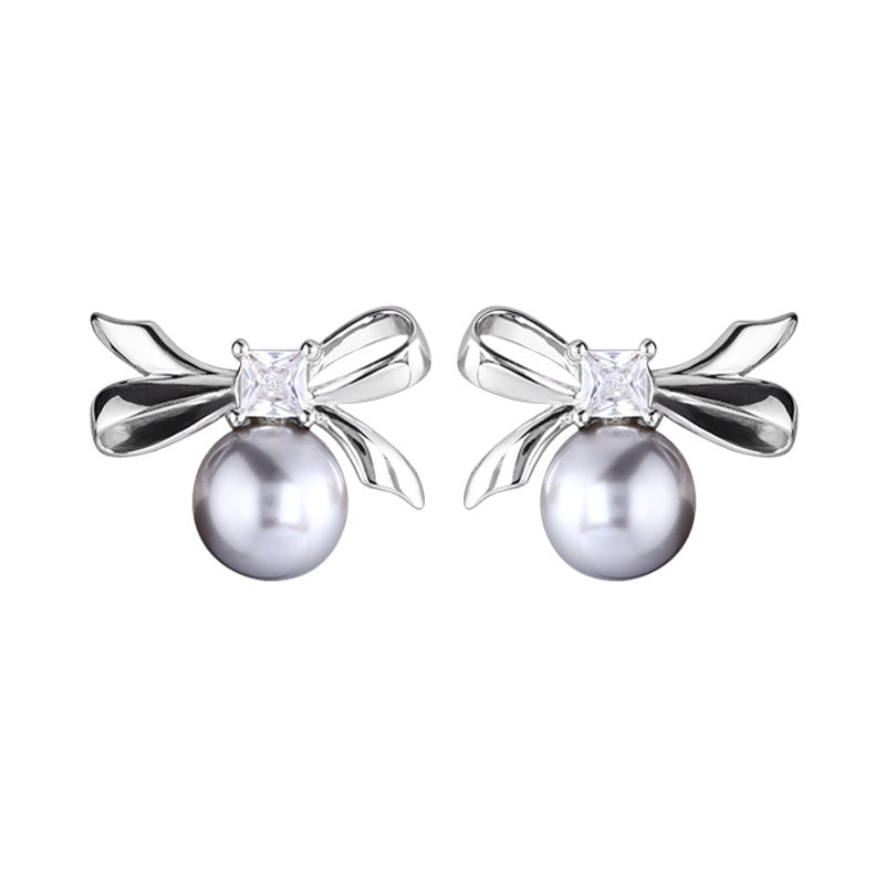 925 Sterling Silver Bowknot Square Zircon Earrings for Women Simple Sweet Girly Temperament Pearl Earrings 8646A