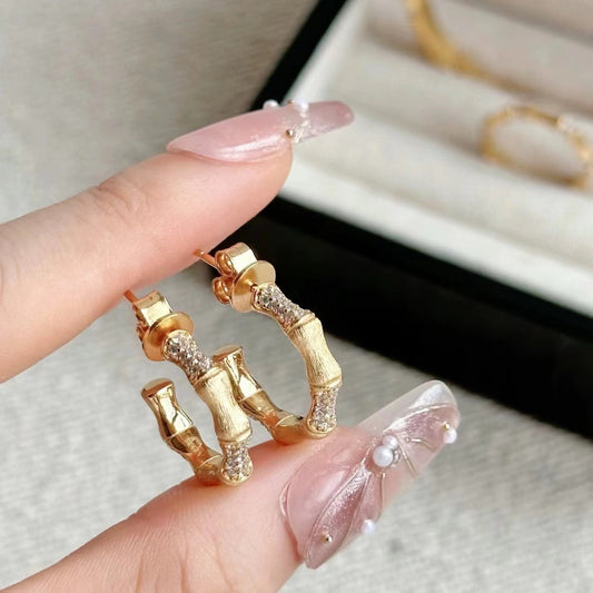 Italian Vintage Brushed Light Luxury High-End Jewelry 925 Sterling Silver Brushed Craft Forged Bamboo Earrings Studs