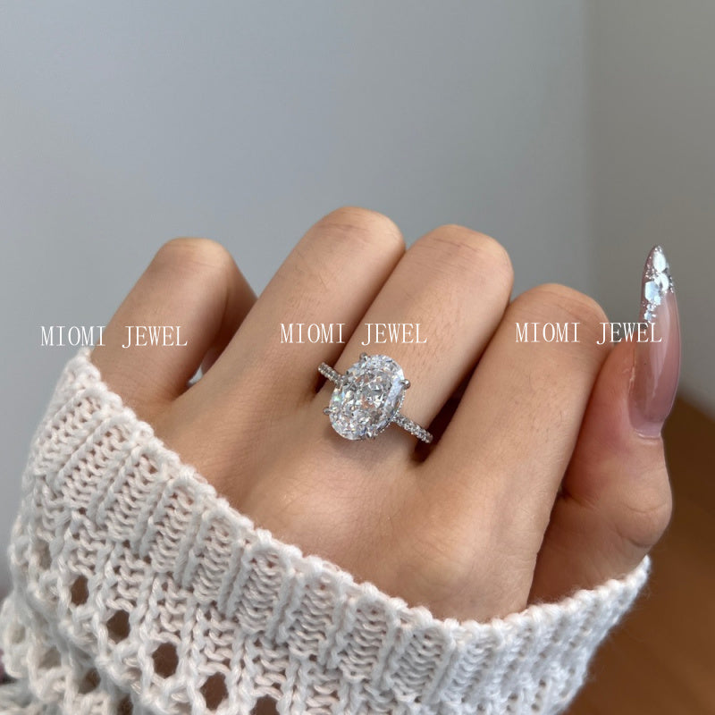 S925 Sterling Silver Oval Ring for Women Inlaid with 8A Ice Flower Cut High Carbon Diamond European and American Exquisite Wedding Ring Cross-Border