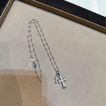 Pure Silver S925 Double Cross Heavy Craft Collarbone Chain European and American Retro Style High-end Light Luxury Feel