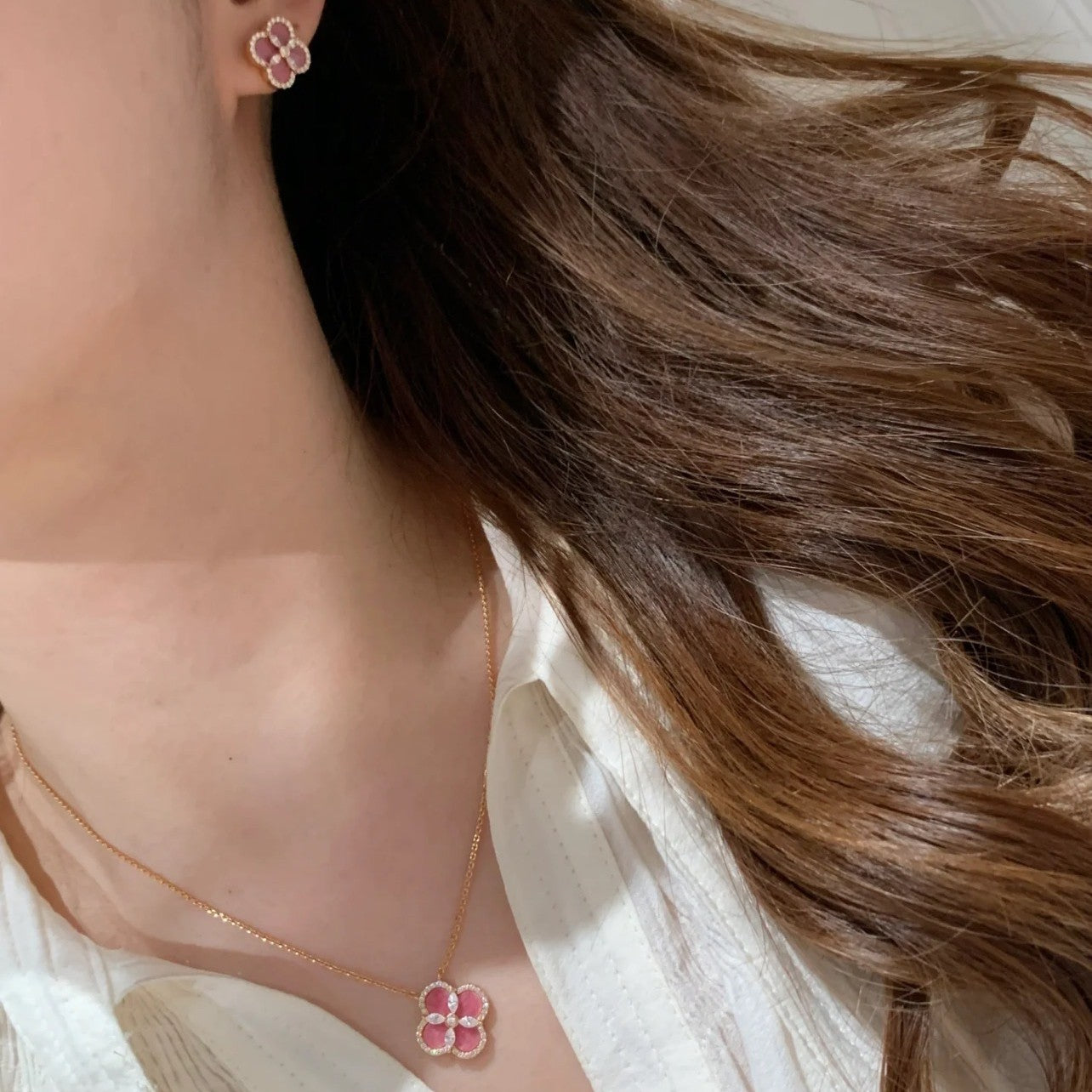 Pure Silver S925 Natural Rhodonite Four-Leaf Clover Necklace Bracelet Earrings Set for Women Fashionable Versatile Personality