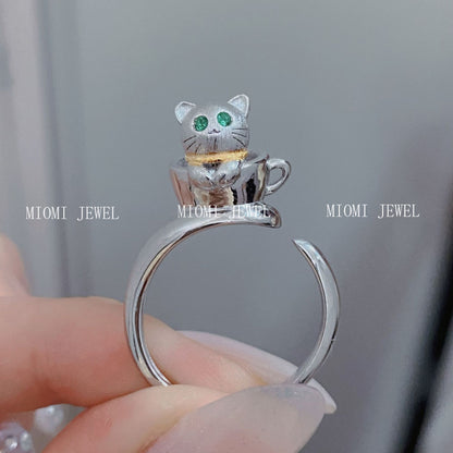 S925 Sterling Silver 3D Small Teacup Cat Ring for Women, Open Silver Ring whimsical