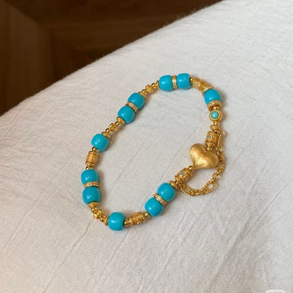 Pure Silver S925 Brushed Craft Peach Blue Turquoise Coiled Bracelet Vintage Luxurious Elegant High-end Jewelry