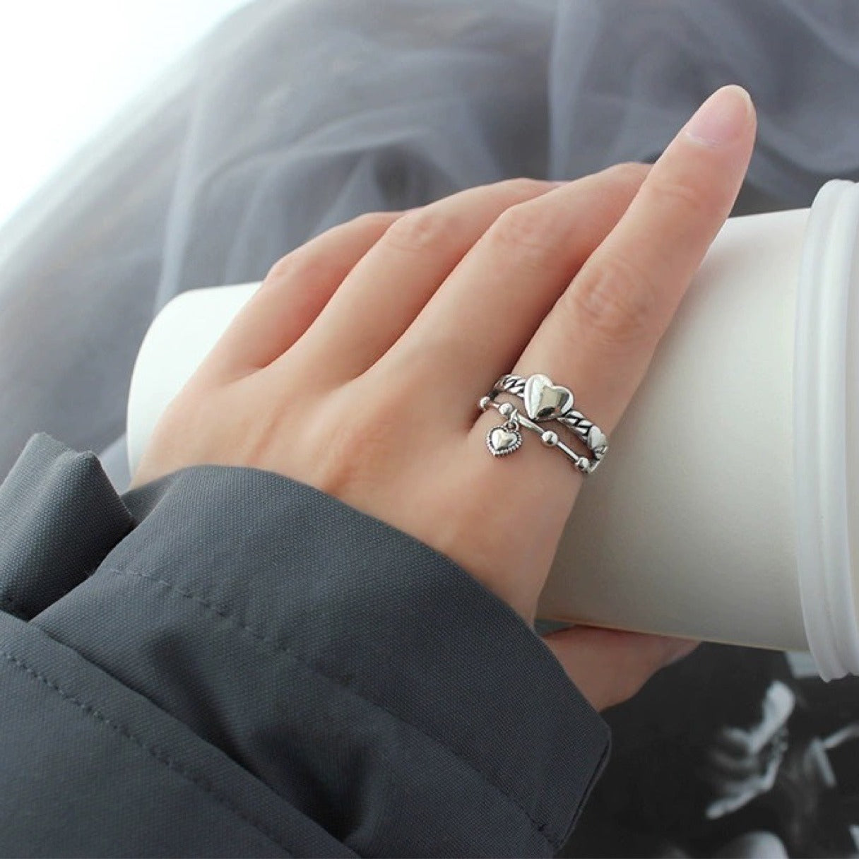 Korean Version 925 Sterling Silver Vintage Distressed Heart Chain Ring Niche Personality Fashion Open Finger Ring for Women