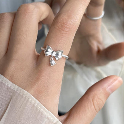 Korean Version Pure Silver S925 Bowknot Ring for Women, Runaway Princess Fashion Bell Twist Mori Style Frosted Lily of the Valley