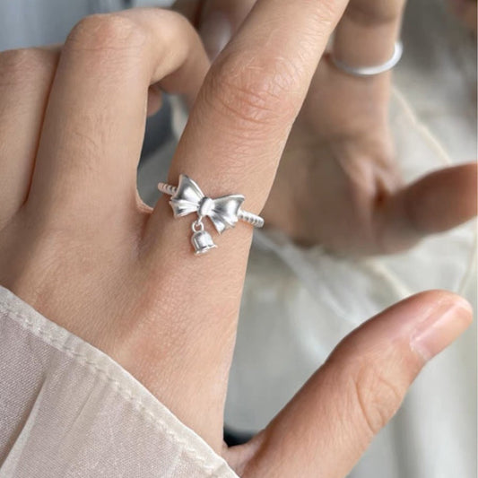 Korean Version Pure Silver S925 Bowknot Ring for Women, Runaway Princess Fashion Bell Twist Mori Style Frosted Lily of the Valley