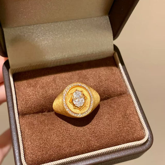 Sterling Silver S925 Italian Brushed Craft Gold Stamp Ring Vintage Niche Personality Light Luxury High-end Feel Ring