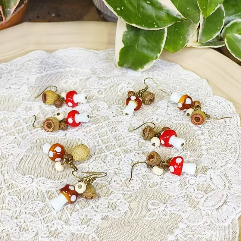 Handmade Vintage Forest-Style Fresh Minimalist Vacation Earrings - Jungle Glass Small Mushroom, Cute Lolita Dried Fruit Earrings