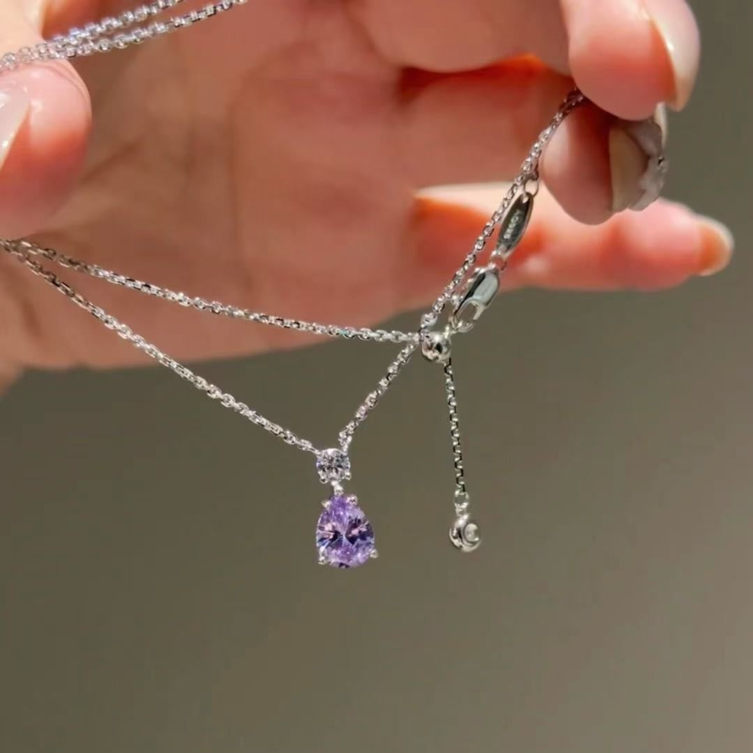 Purple Water Drop High Carbon Diamond Necklace Ultra Sparkling Ice Transparent Water Drop Zircon Exquisite Cool Feeling One Drop Tear Collarbone Chain