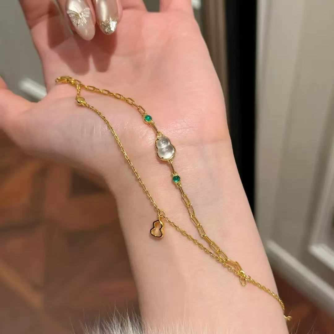 Pure Silver S925 Natural Water Foam Jade Gourd Double Layer Bracelet Exquisite Simple Light Luxury Niche Fashion High-end Sense Jewelry