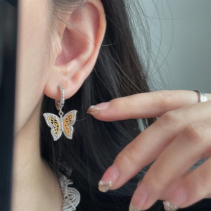 Korean Style Gold and Silver Color Block Pure Silver925s Tang Grass Pattern Butterfly Earrings Studs for Women Fashion Versatile Light Luxury