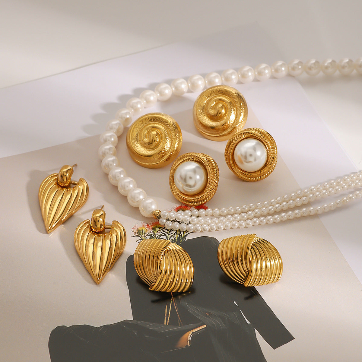 Stainless Steel Pearl Necklace High-end Exaggerated Flower Stud Earrings Titanium Steel Jewelry Earrings