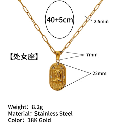 18K Gold Plated Zircon Embossed Ancient Method Pendant Zodiac Titanium Steel Necklace