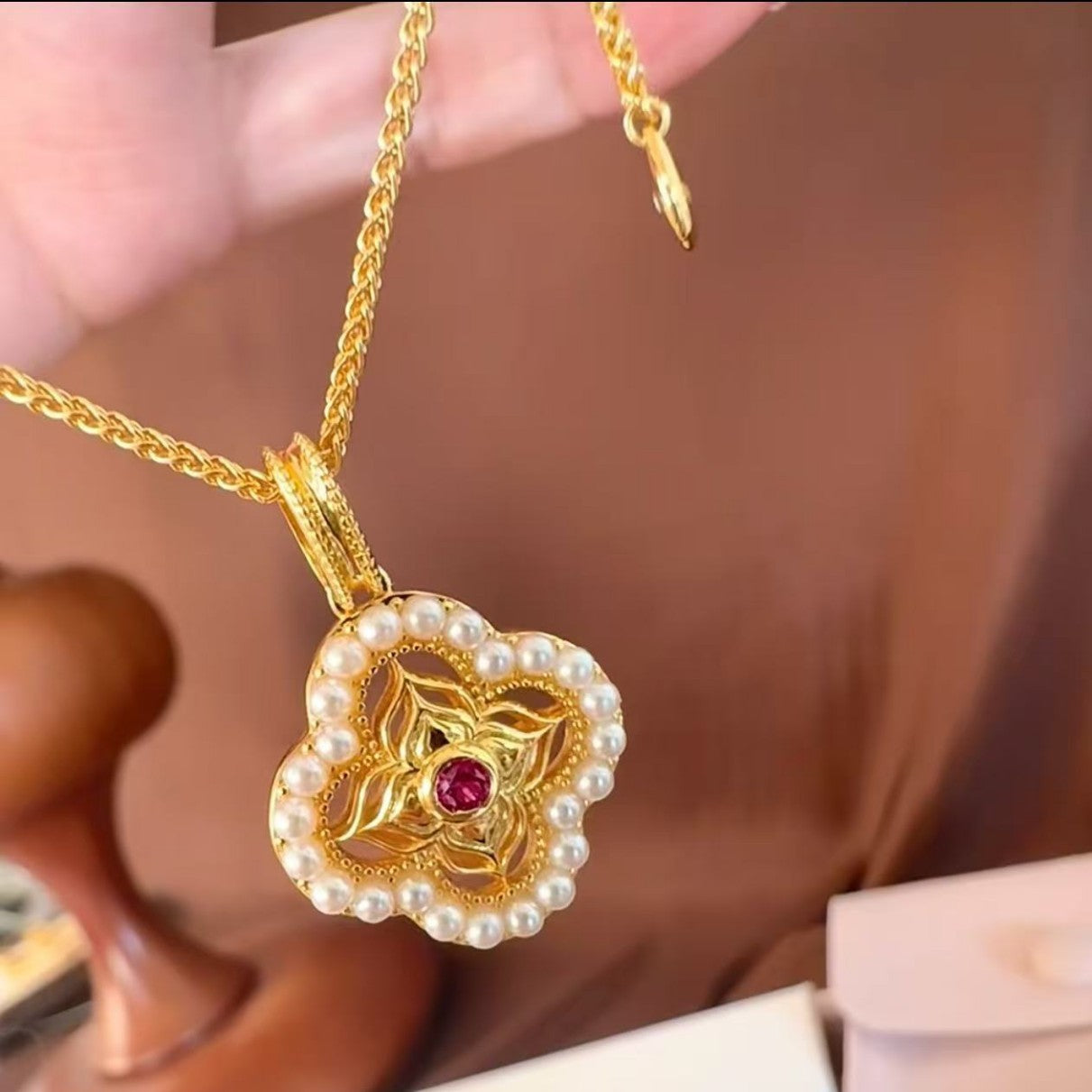 New Chinese Style Red Corundum Paper-cut Window Flower Pearl Necklace Light Luxury High-end Versatile