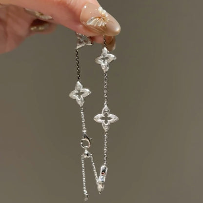 Pure Silver S925 Vintage Style Brushed Star Lucky Four-Leaf Clover Satin Brushed Bracelet Exquisite and Elegant