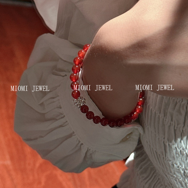 New Year Edition S925 Sterling Silver Red Agate Bracelet Woven Silver Ball Bracelet Simple Fashionable Personalized Jewelry