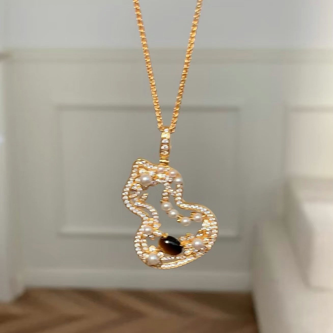 Sterling Silver S925 Autumn Winter Essential Natural Tiger Eye Pearl Gourd Necklace Earrings Set Light Luxury High-end Niche Versatile