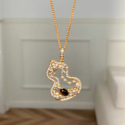 Sterling Silver S925 Autumn Winter Essential Natural Tiger Eye Pearl Gourd Necklace Earrings Set Light Luxury High-end Niche Versatile