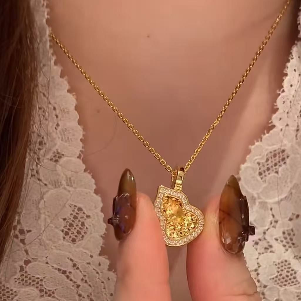 Pure Silver S925 CNC Craft Gourd Yellow Crystal Necklace Brown Rope Necklace New Chinese Style Exquisite Light Luxury High-end Jewelry