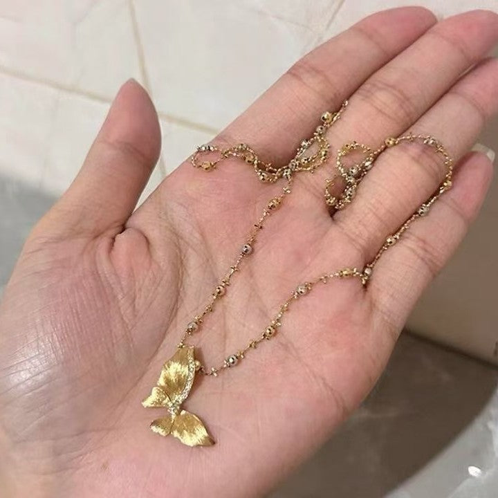 Sterling Silver s925French Retro Brushed Butterfly Necklace and Earring Set Niche Zircon Collarbone Chain