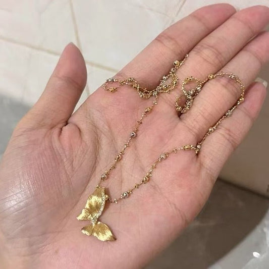 Sterling Silver s925French Retro Brushed Butterfly Necklace and Earring Set Niche Zircon Collarbone Chain