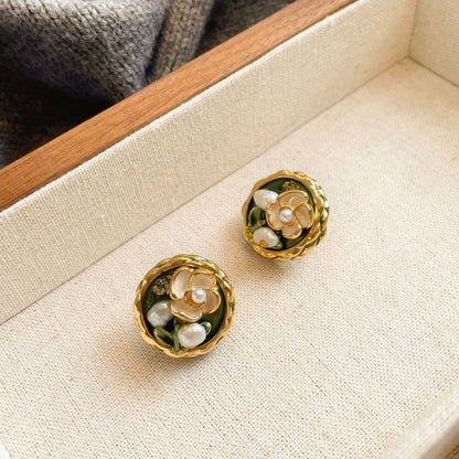 Orecchini a bottone in argento S925 con goccia d'olio, perle d'acqua dolce, foglia d'oro, stile dipinto a olio, orecchini vintage di alta qualità 