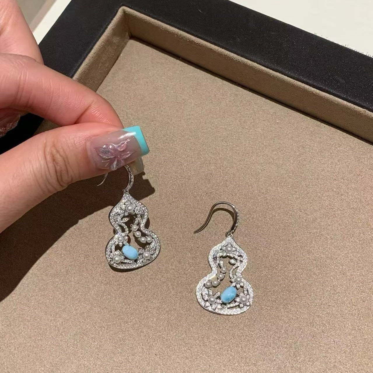 Sterling Silver S925 Autumn Winter Essential Natural Sea Grain Stone Pearl Gourd Necklace Earrings Set Light Luxury Niche Versatile