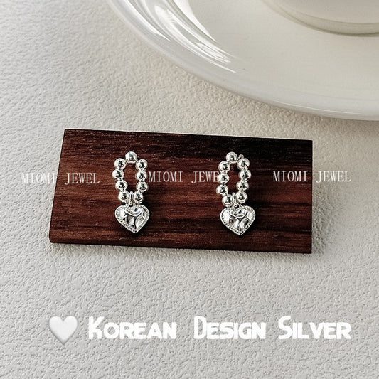 S925 Sterling Silver Beaded Hammered Heart Earrings Unique High-end Feel Women's Niche Fashion Xiaohongshu Same Style Earrings