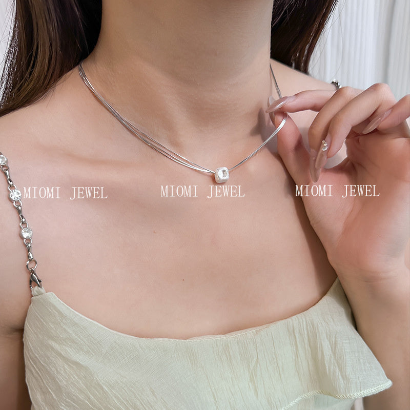 S925 Sterling Silver Multi-layer Brushed Square Snake Bone Necklace Niche High-end Clavicle Chain Elegant Minimalist Sweater Chain