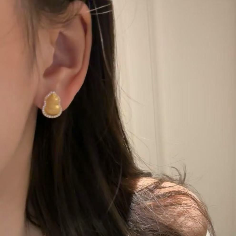 New Chinese Style Brushed Gourd Earrings for Women, Light Luxury, High-end Feel, Elegant and Grand, Gold Vintage, Face Slimming