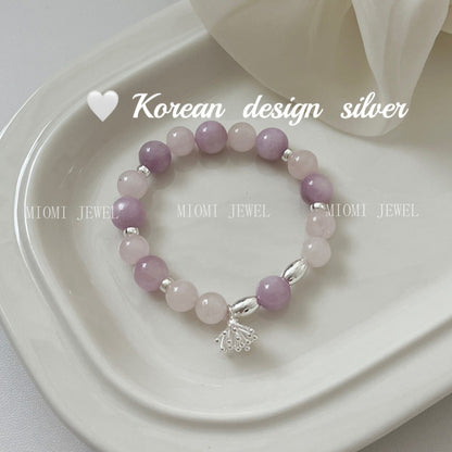 Korean Style Simple High-End Fresh S925 Sterling Silver Purple Mica Pink Crystal Flower Pistil Elastic Cord Bracelet for Women