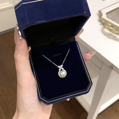 S925 Sterling Silver Natural Freshwater Pearl Bow Necklace French Style Ultra Sparkling Zircon Flower Collarbone Chain for Women