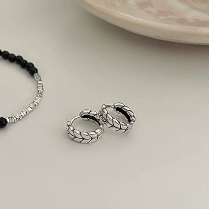 Korean Version S925 Sterling Silver Vintage Distressed Wheat Earrings Small Minimalist Style Hoop Twist Stud Earrings Niche