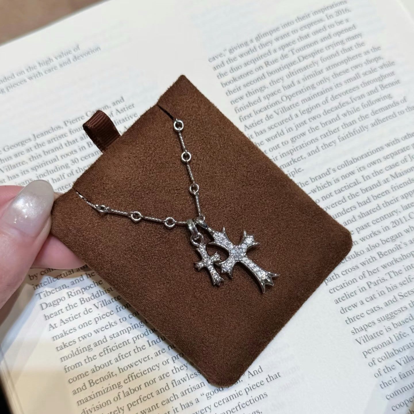 Pure Silver S925 Double Cross Heavy Craft Collarbone Chain European and American Retro Style High-end Light Luxury Feel