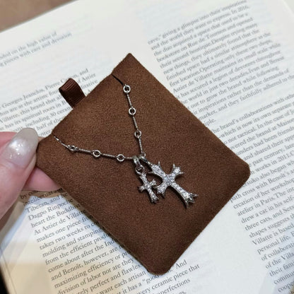 Pure Silver S925 Double Cross Heavy Craft Collarbone Chain European and American Retro Style High-end Light Luxury Feel