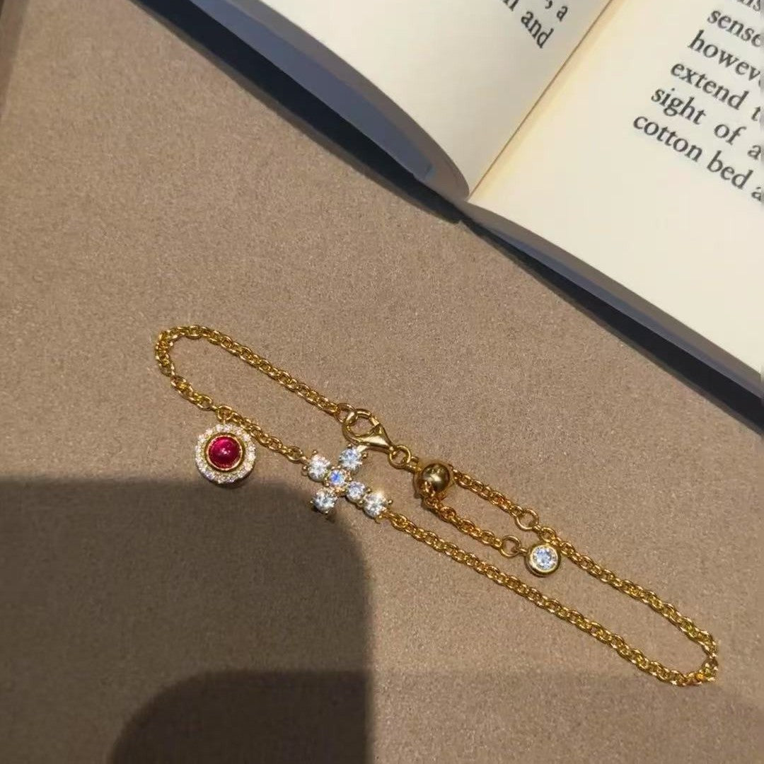 Sterling Silver S925 Ruby Cross Bracelet Fashionable Elegant Light Luxury Simple Exquisite High-end Daily Style