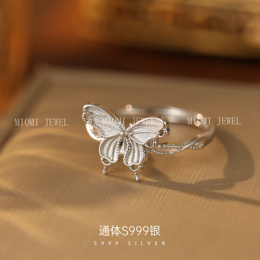 Banyan Tree S999 Pure Silver Summer Forest Style Butterfly Ring for Women High-end Elegant Hot-selling Index Finger Ring Pure Silver Gift