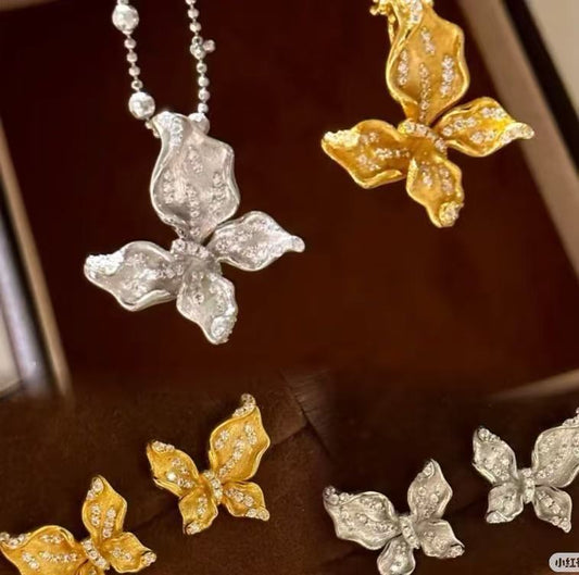 Sterling Silver S925 Brushed Craft Butterfly Earrings Necklace Set French Light Luxury Retro Niche Design Jewelry Set