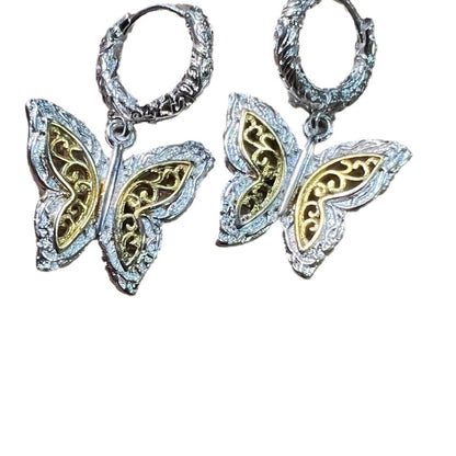 Korean Style Gold and Silver Color Block Pure Silver925s Tang Grass Pattern Butterfly Earrings Studs for Women Fashion Versatile Light Luxury
