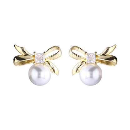 925 Sterling Silver Bowknot Square Zircon Earrings for Women Simple Sweet Girly Temperament Pearl Earrings 8646A