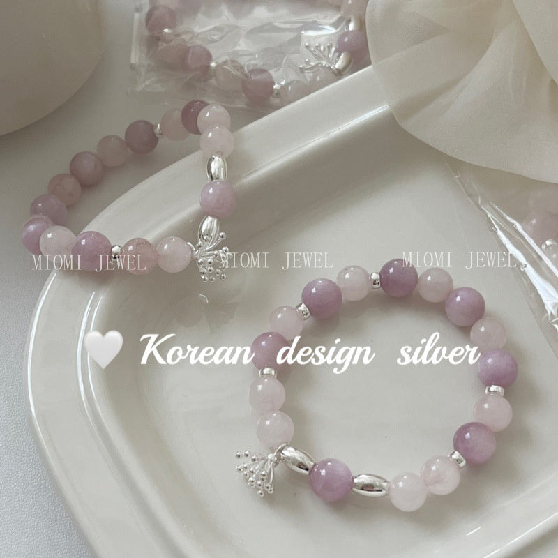 Korean Style Simple High-End Fresh S925 Sterling Silver Purple Mica Pink Crystal Flower Pistil Elastic Cord Bracelet for Women