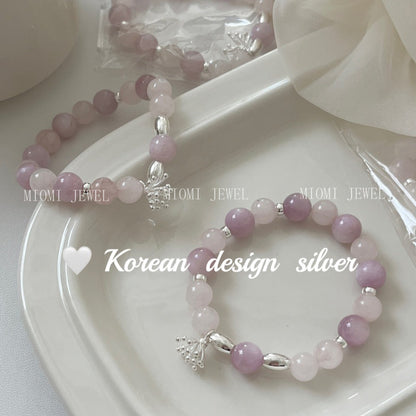 Korean Style Simple High-End Fresh S925 Sterling Silver Purple Mica Pink Crystal Flower Pistil Elastic Cord Bracelet for Women