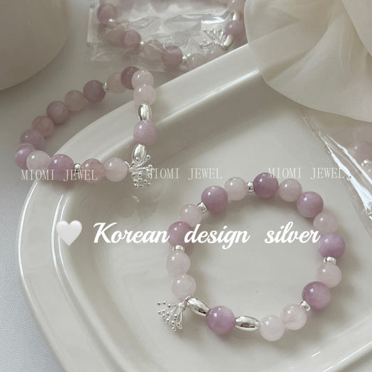 Korean Style Simple High-End Fresh S925 Sterling Silver Purple Mica Pink Crystal Flower Pistil Elastic Cord Bracelet for Women