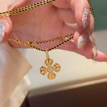 Italian Craft Vintage Style Pure Silver S925 Vajra Black Rope Necklace Collarbone Chain Elegant High-end