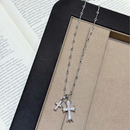 Pure Silver S925 Double Cross Heavy Craft Collarbone Chain European and American Retro Style High-end Light Luxury Feel