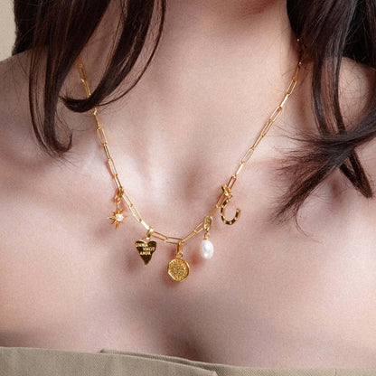 DIY Stainless Steel Coin Heart-Shaped Irregular Inlaid Zircon Agate Natural Stone Pendant Necklace Furnace Vacuum Electroplating