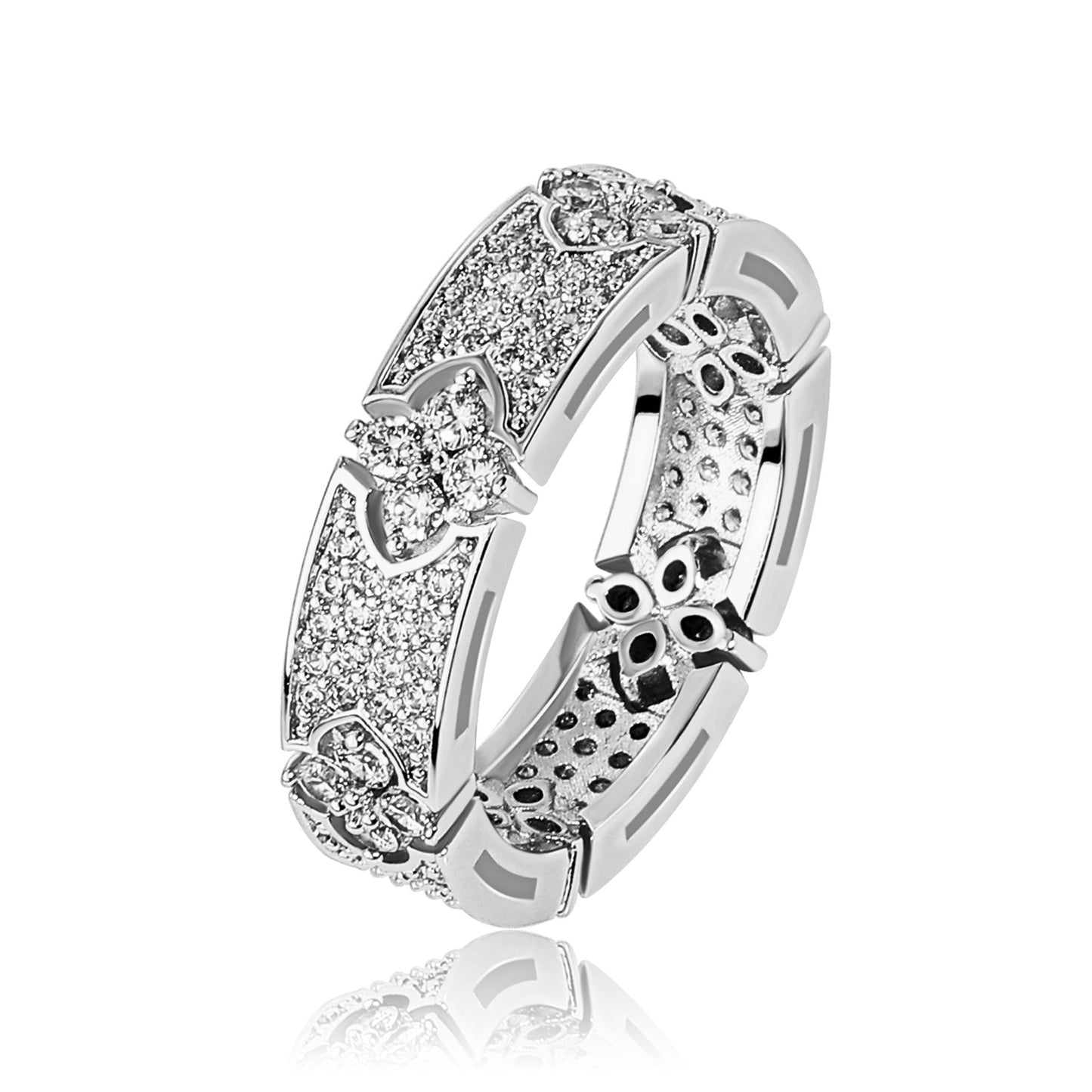 INS Trendy Unisex Micro Pave Starry Sky Zircon Ring Four-Leaf Clover Personality Hip-Hop Jewelry